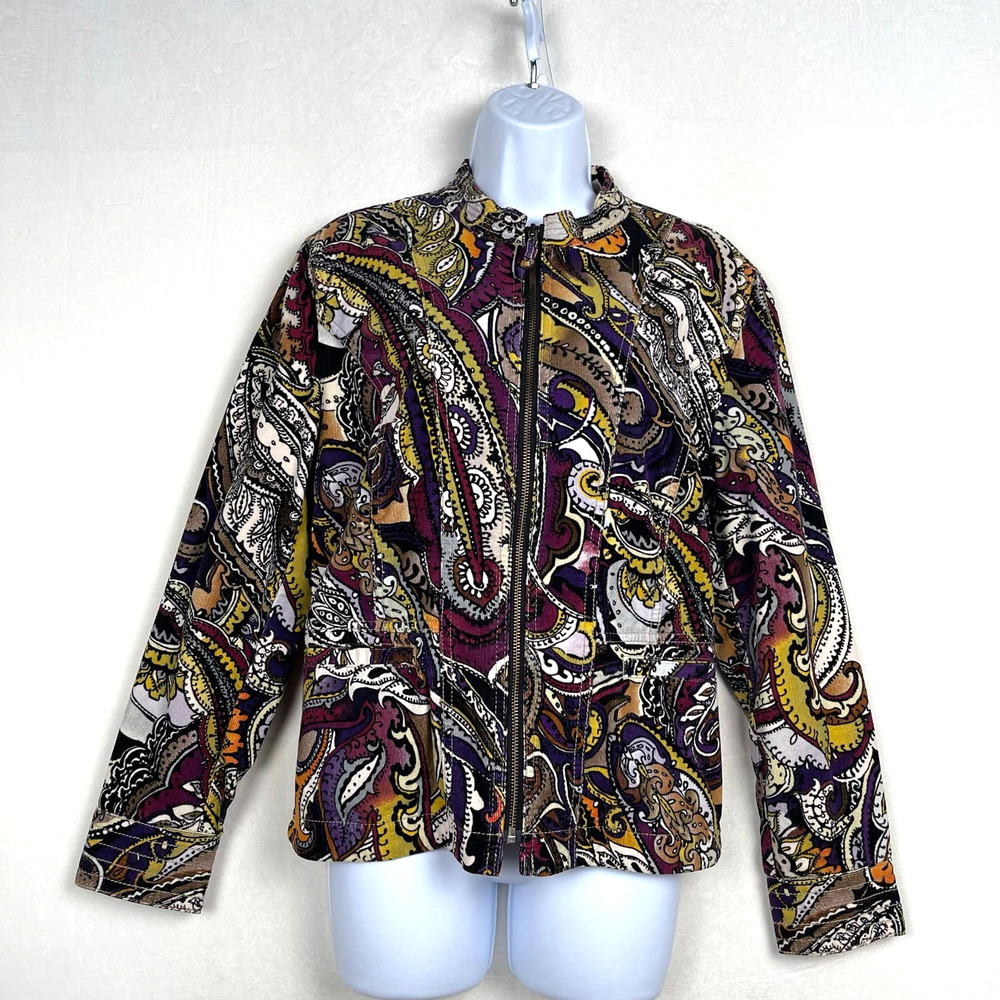 Chico's 1 Paisley Zip Up Jacket Stretch Corduroy Purple & Bold Colors - ‎ Medium